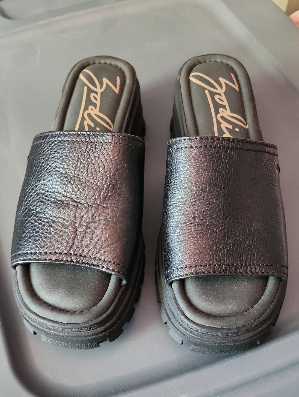 Zodiac Black Pebbled Leather Platform Slide Sandals